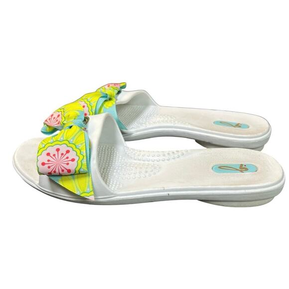 Oka-B Slide Sandals Slip-on White Green Pink Bows Size M 7-8 - Picture 1 of 8